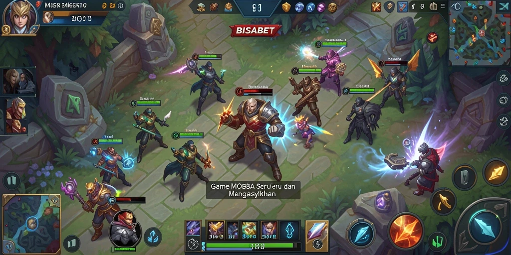 Screenshot gameplay BISABET menampilkan pertempuran MOBA yang intens.