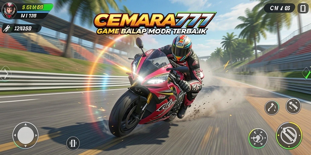 Tampilan gameplay seru CEMARA777 dengan berbagai motor dan trek balap menantang.