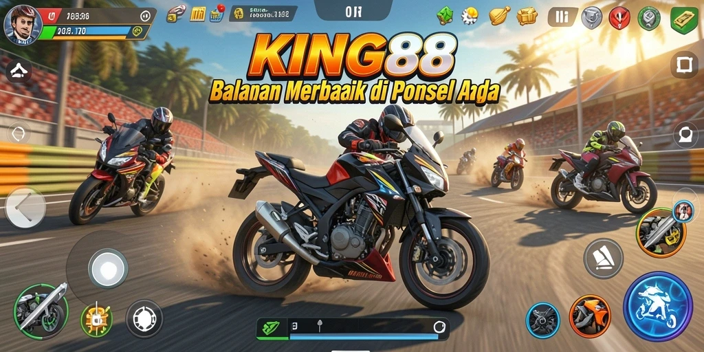 Tampilkan aksi balapan mendebarkan dari KING88 dengan motor kustom.