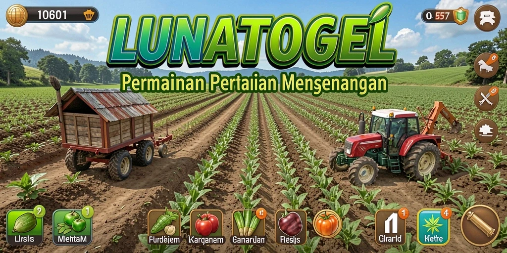 Tangkapan layar LUNATOGEL menampilkan lahan pertanian yang subur dan aktivitas bertani.