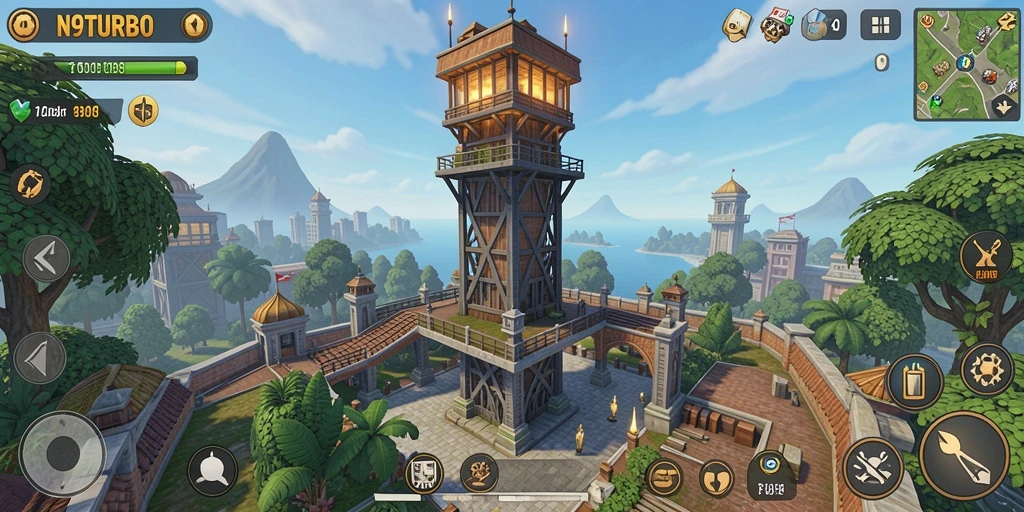 Screenshot gameplay N9TURBO menampilkan menara dan musuh yang berinteraksi.