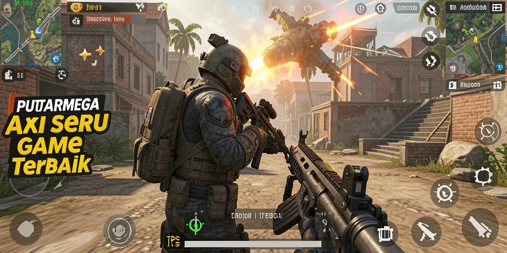 Tangkapan layar gameplay PUTARMEGA yang mendebarkan dengan aksi tembak-menembak.