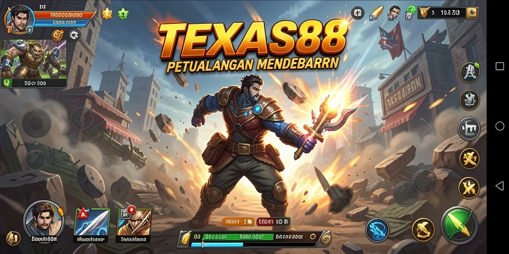 Screenshot utama TEXAS88 menampilkan aksi seru di medan tempur.